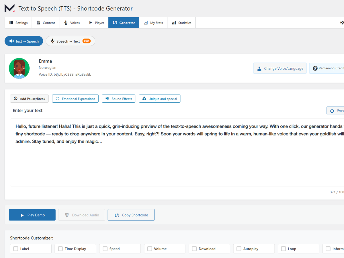 Text to Speech Shortcode Generator