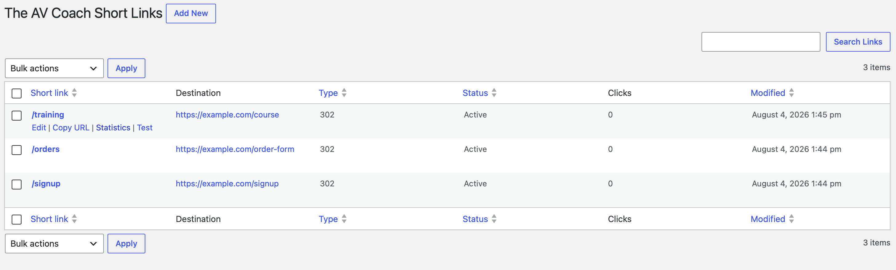 The Short Links dashboard showing redirect management and statistics.