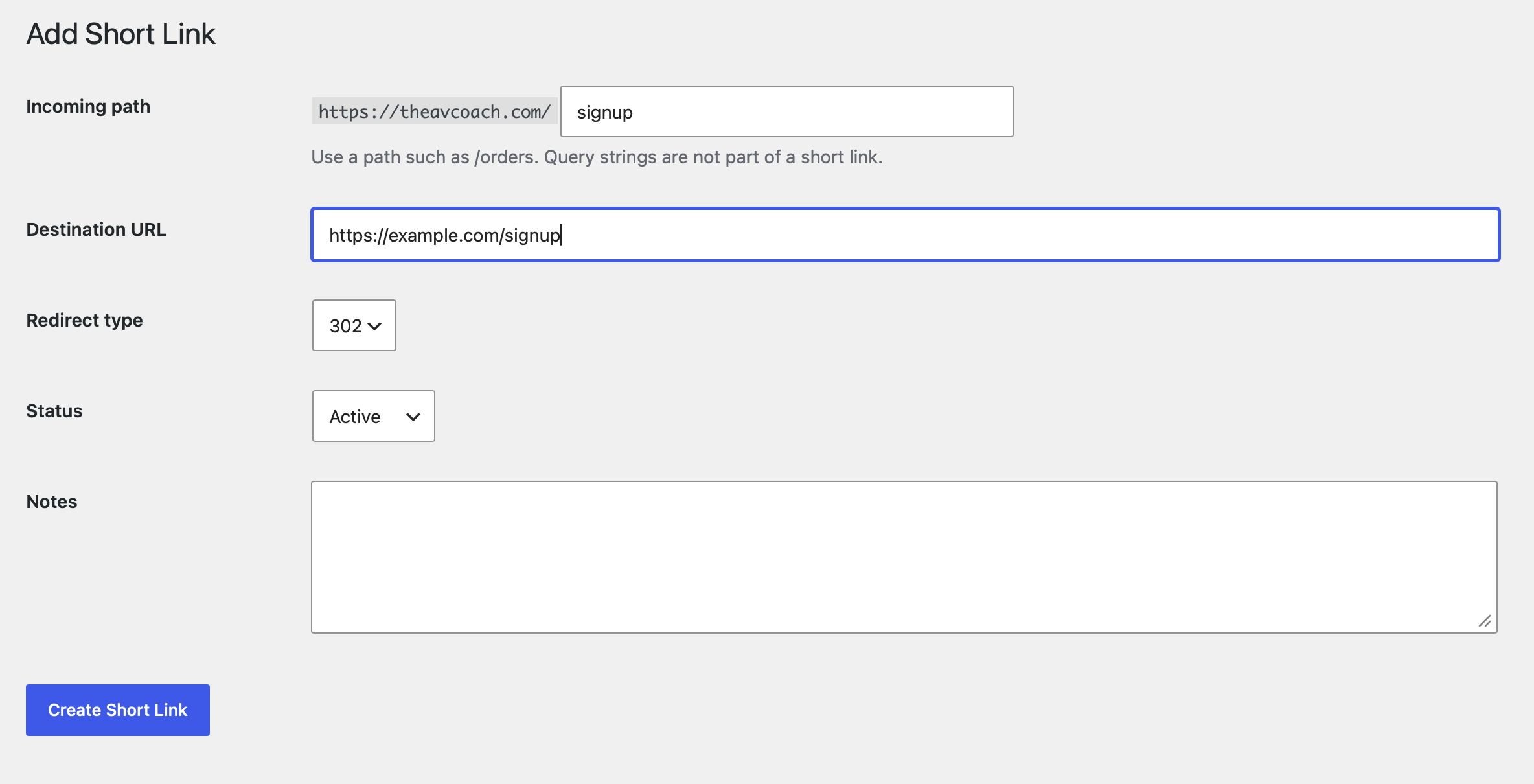 Creating a new short link with destination URL and redirect type options.