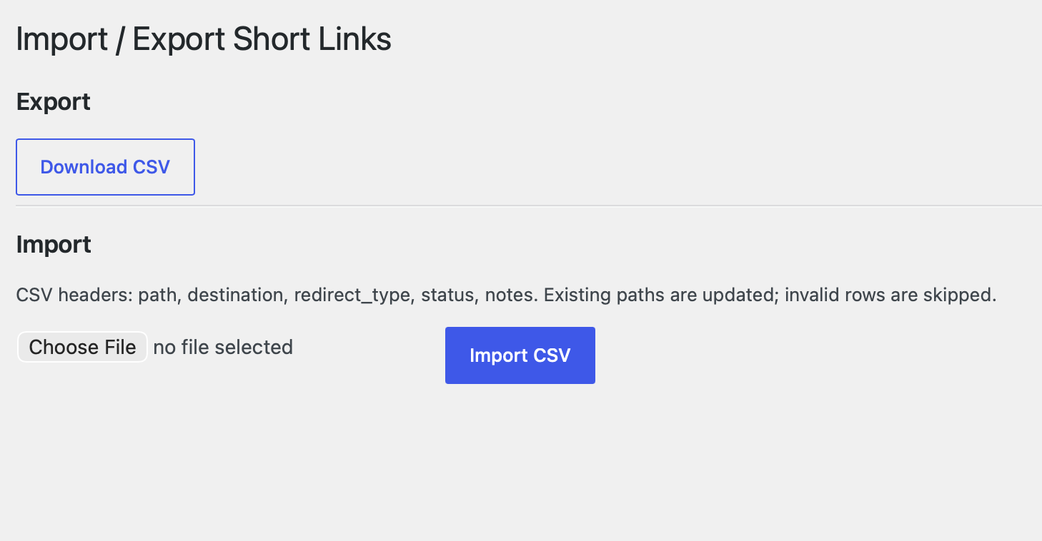 Importing and exporting short links using CSV.
