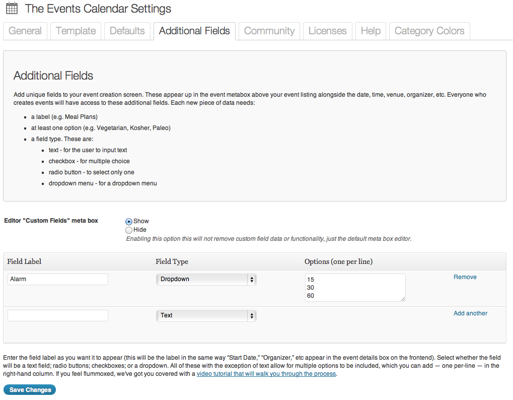 Additional Fields settings, generated automatically.