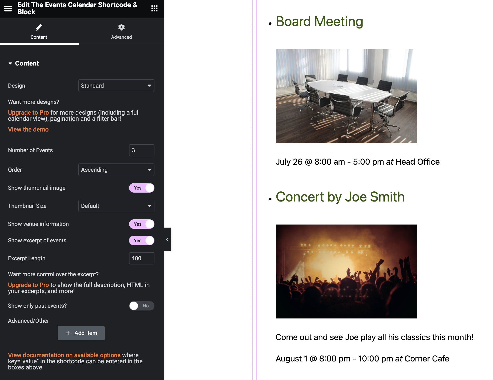 Add a widget in Elementor to show your events in a page or post, and customize the display options you want