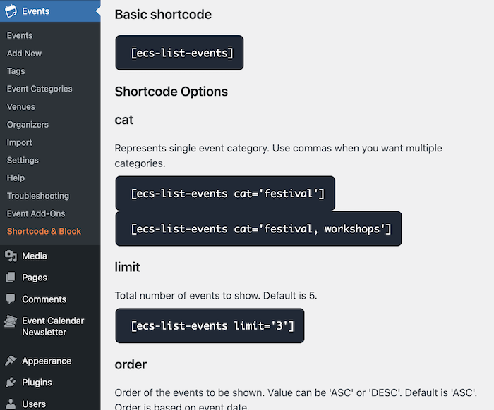 Many settings you can use in the shortcode to change what details appear in the events listing