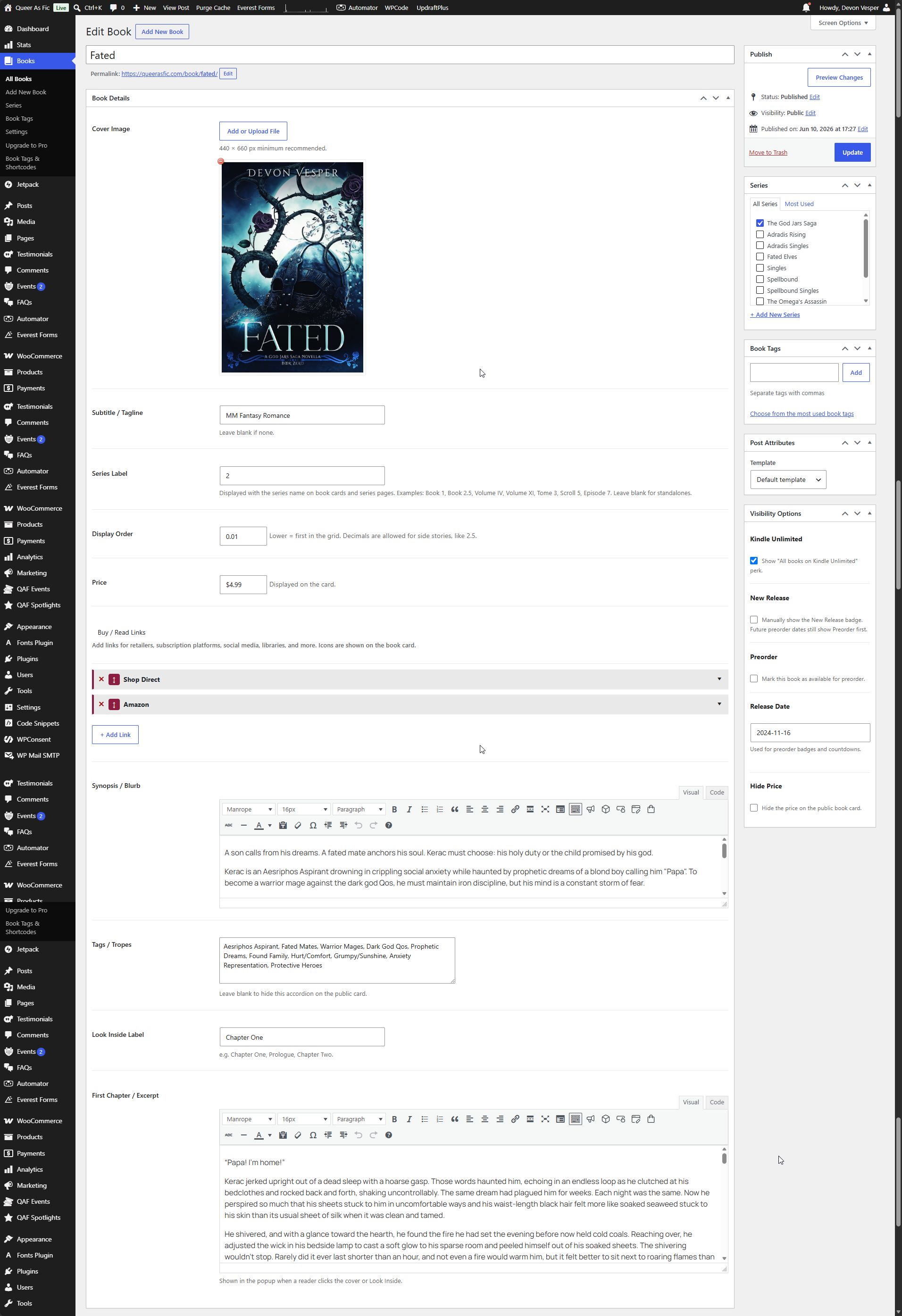 The Add/Edit Book screen keeps covers, series, retailer links, pricing, blurbs, tags, and excerpts together in one place.