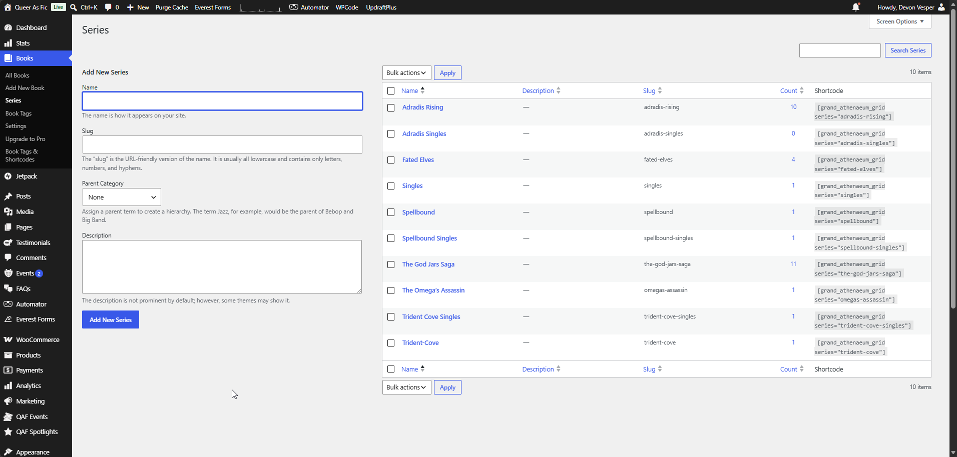 Organize books into series and automatically generate series shortcodes.