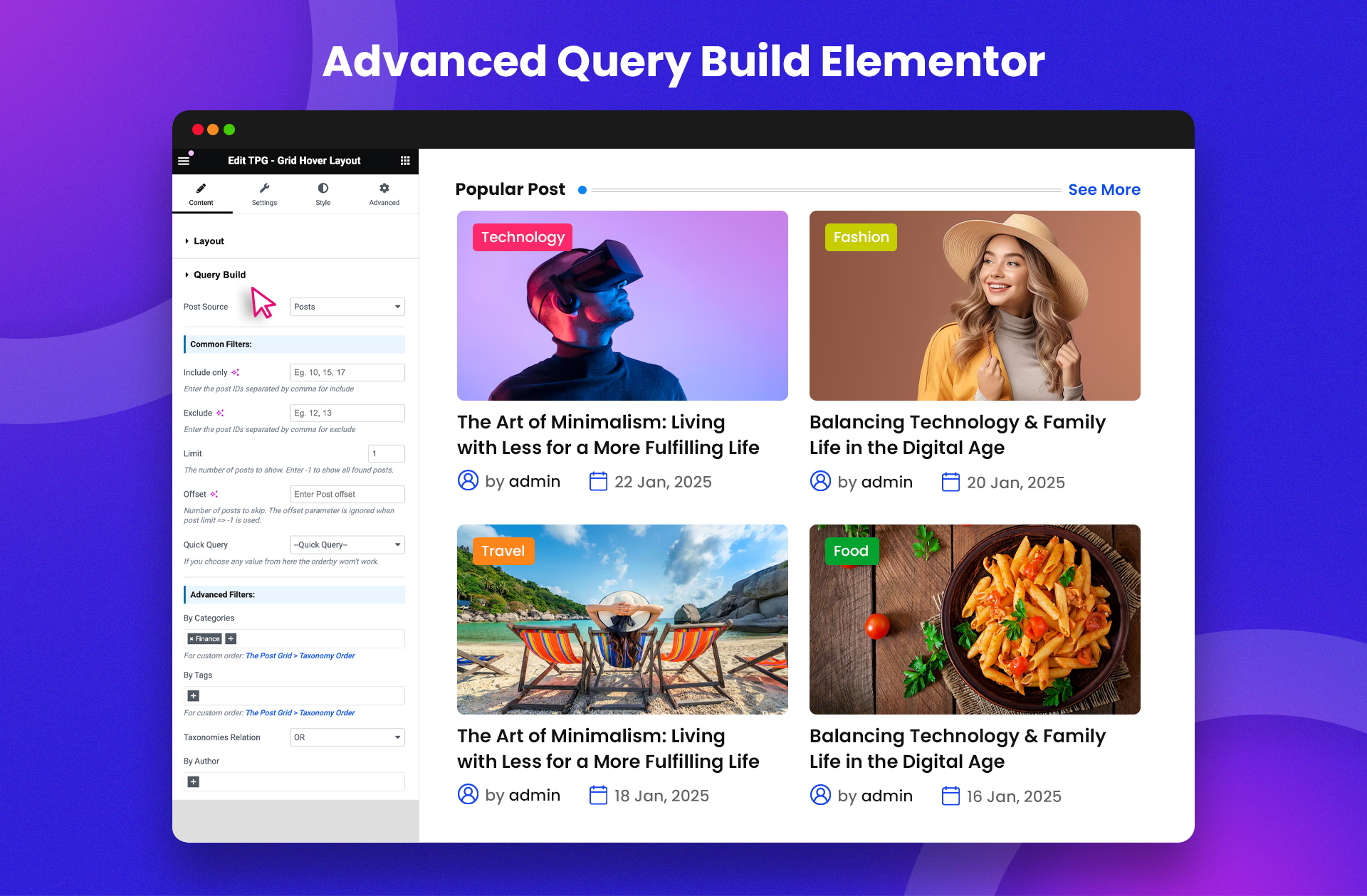 Advanced query build elementor