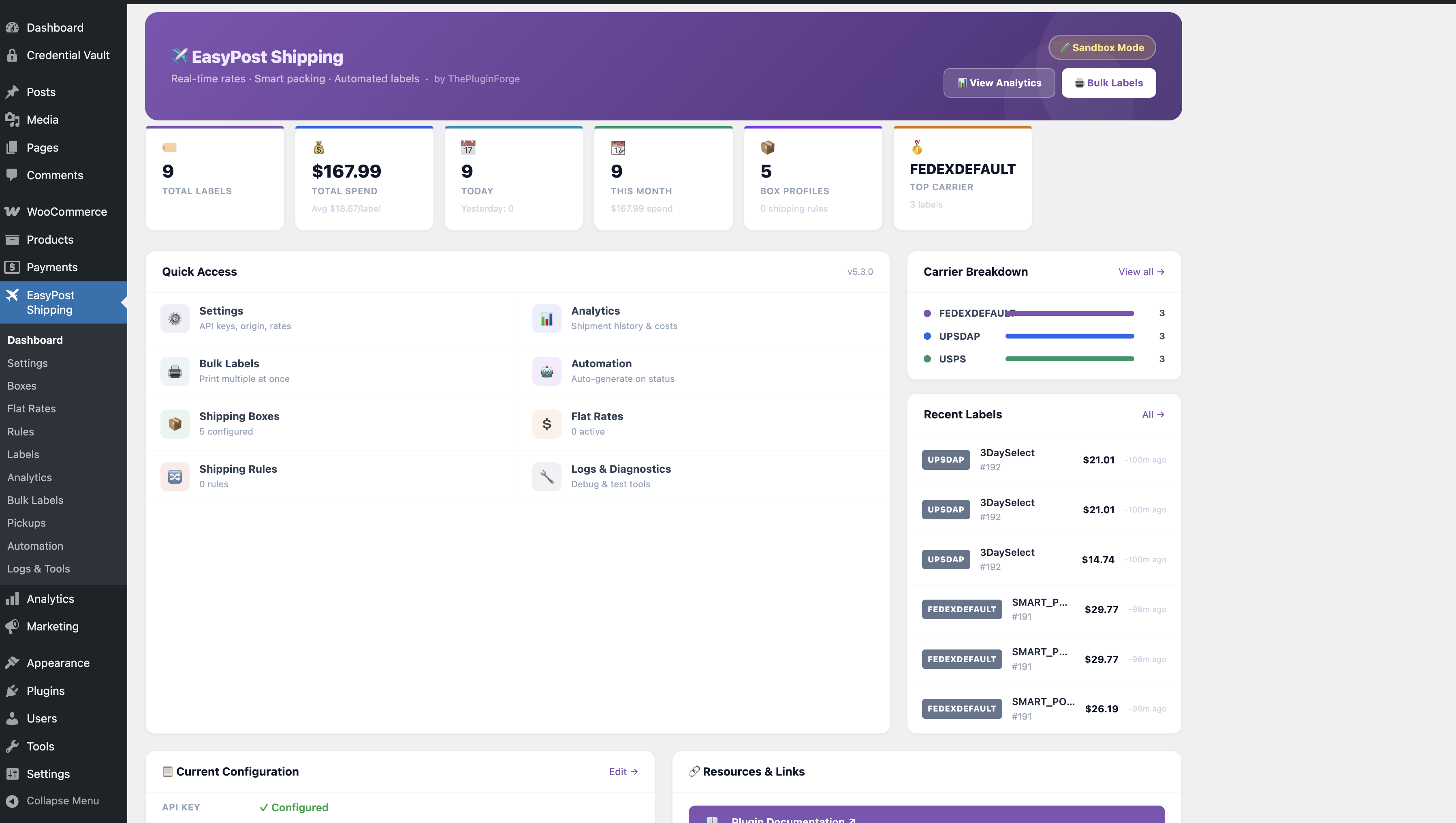 <strong>Dashboard</strong> — At-a-glance KPIs, carrier breakdown, recent labels, and quick access to every feature