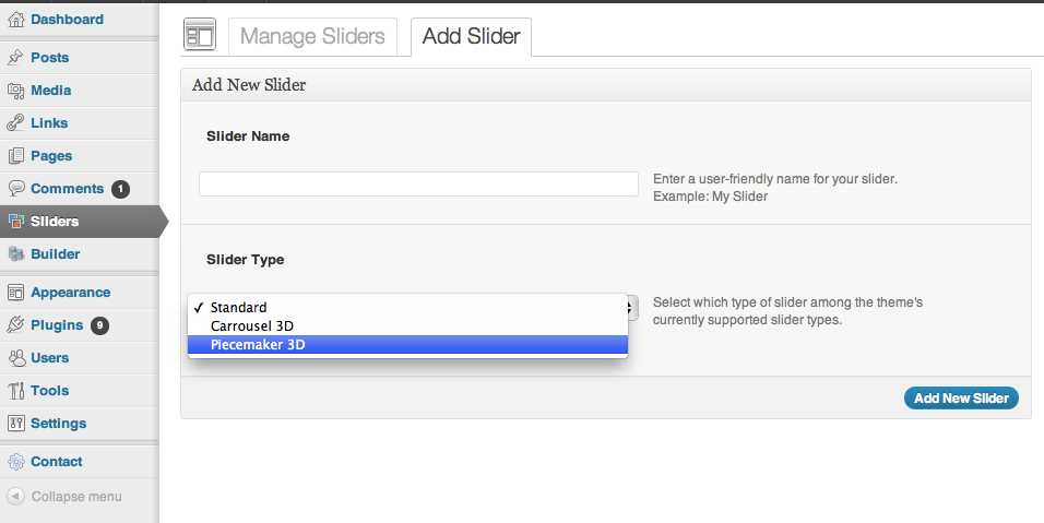 When you add a new slider, you can see that now there is an option to select the Piecemaker slider type.