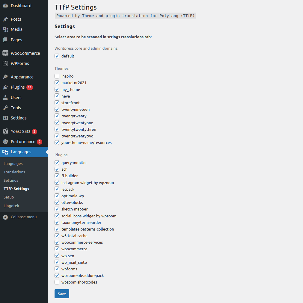 Settings - Select area to be scanned in Strings translations polylang tab.