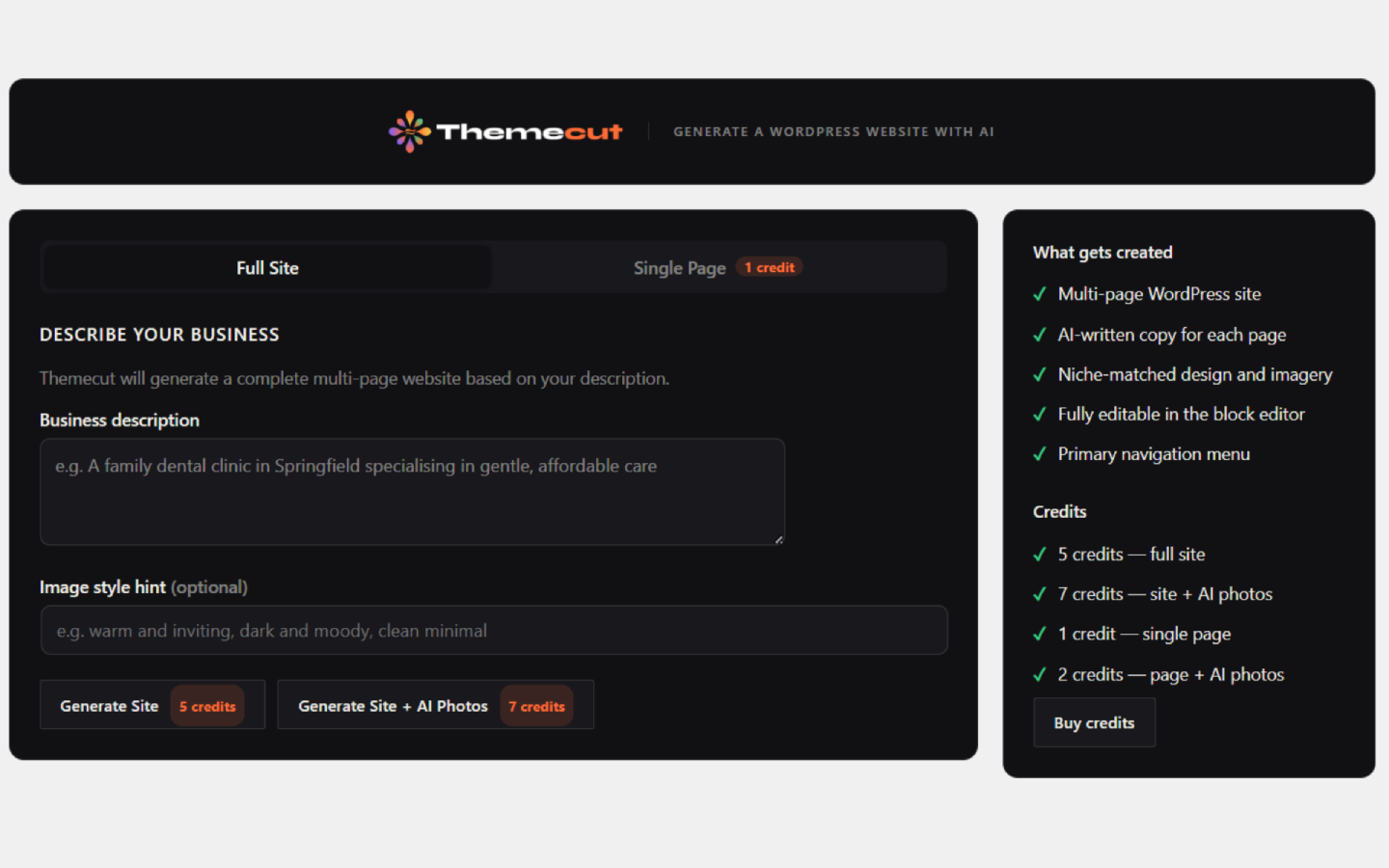 The Generate screen — describe your business in one sentence and generate a complete multi-page WordPress site in minutes.