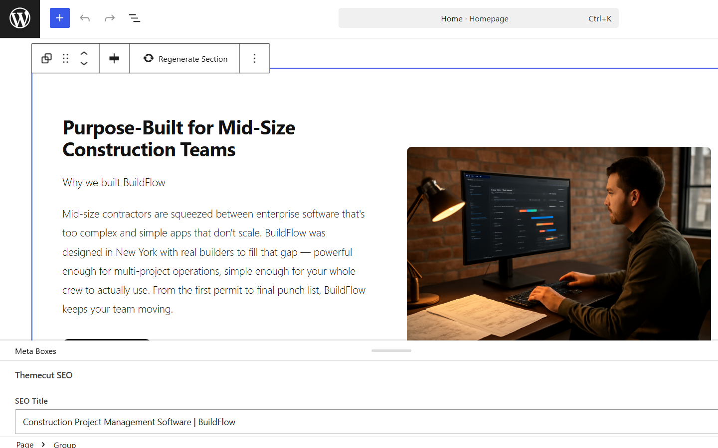 A generated page open in the WordPress block editor — native blocks, AI rewrite controls, and built-in SEO panel.