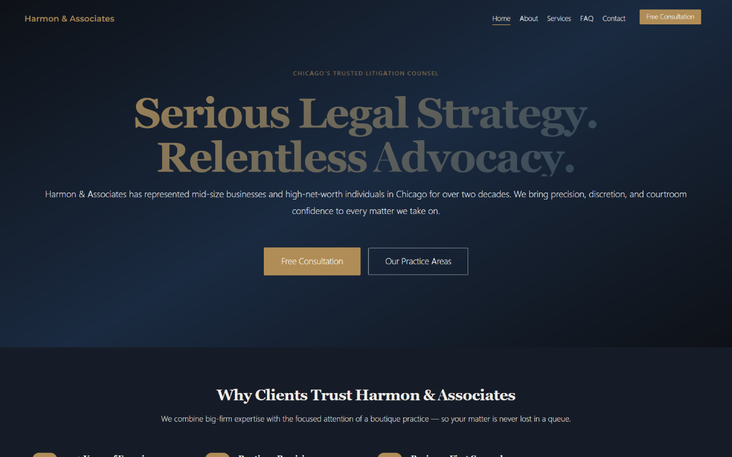 A generated homepage for Harmon & Associates law firm — 100% native block editor output, fully editable, no page builder.