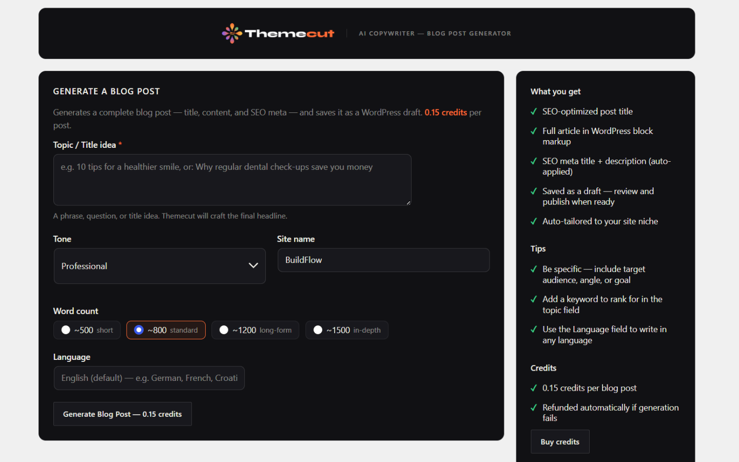 The AI Blog Post Generator — enter a topic and get a complete SEO-optimised WordPress draft post in seconds.
