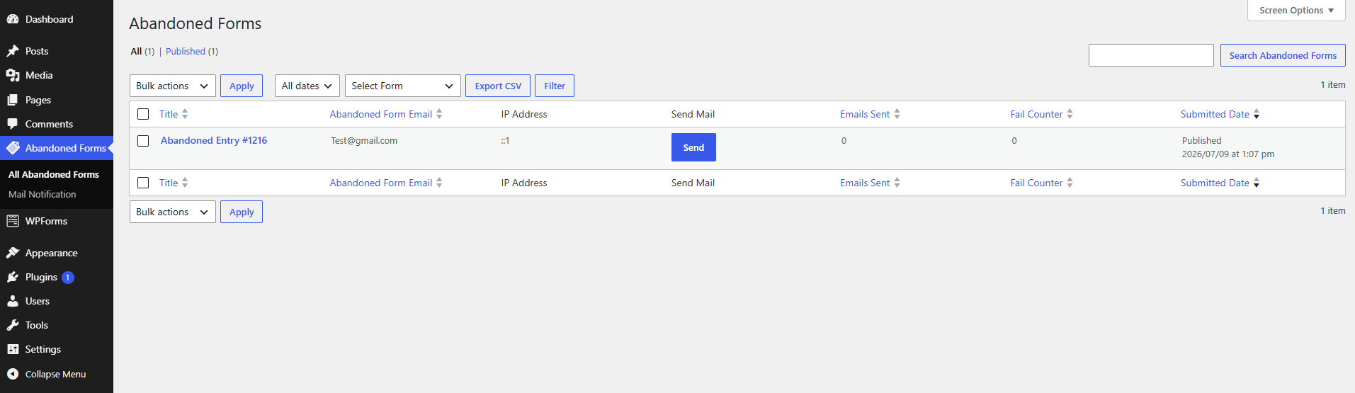 Abandoned Forms list with email, IP address, emails sent, and send-mail actions.