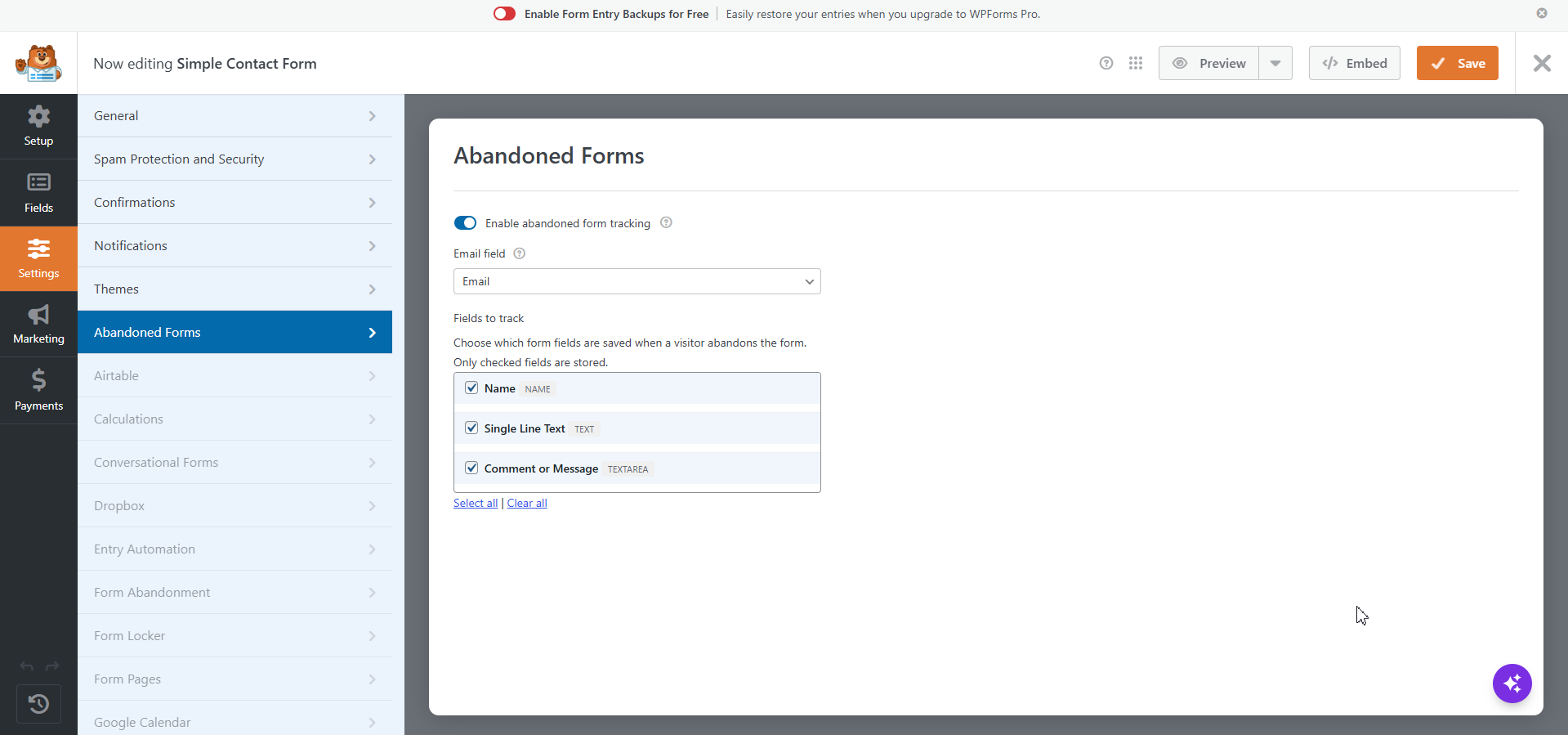 Abandoned Forms settings panel inside the WPForms form builder.