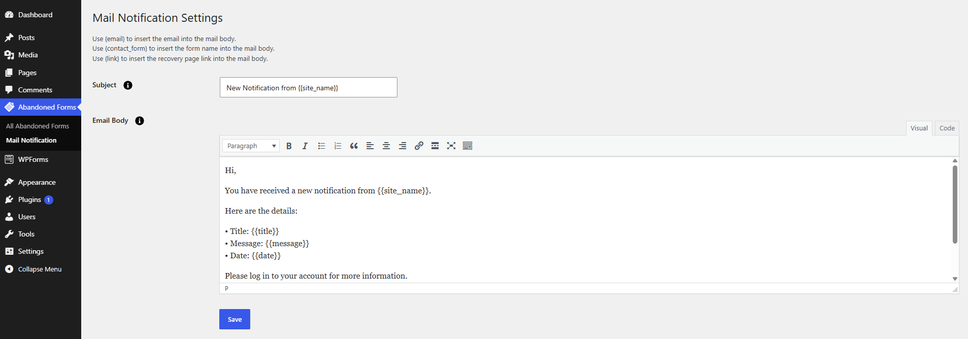 Mail Notification Settings for the global recovery email template.