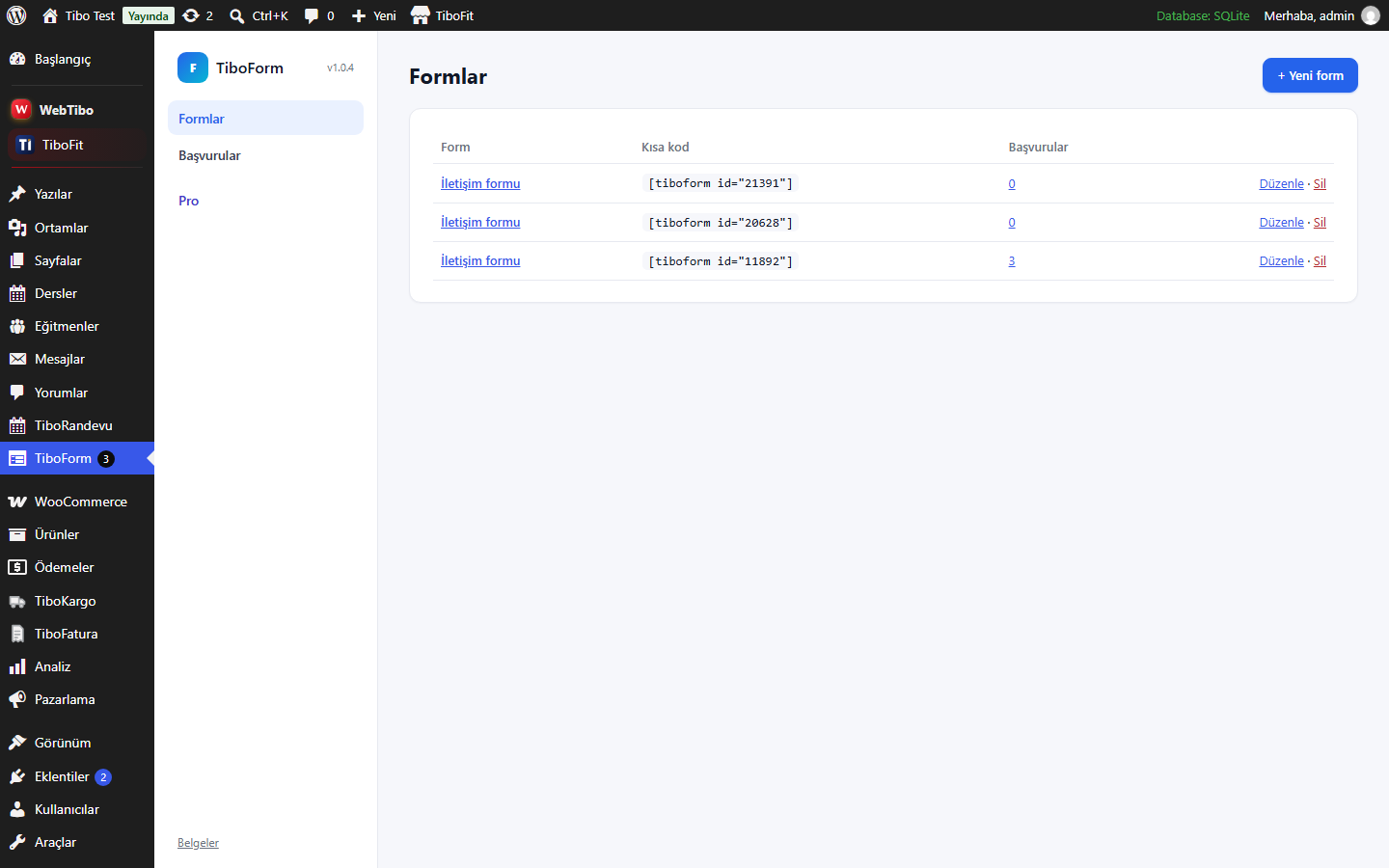 Forms list with shortcodes and submission counts