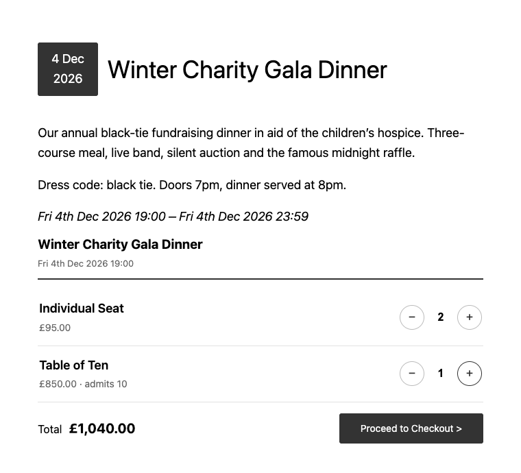 Buyers pick their tickets right on your event page - no redirect to another site.
