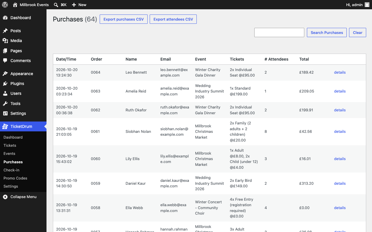 Every purchase, searchable, with CSV export of purchases and attendees.