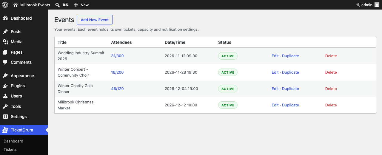 Events with live attendee counts against capacity.