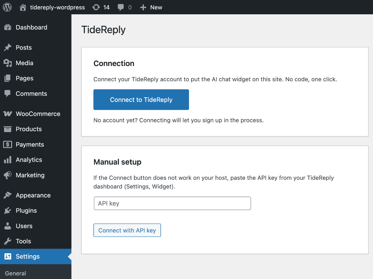 One-click connect from Settings, TideReply.