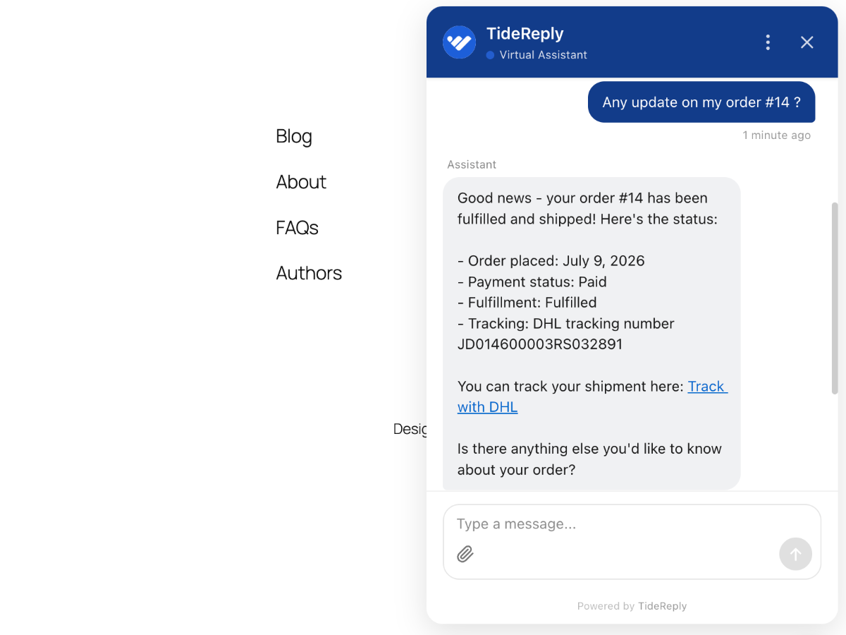 The chat widget answering an order-status question.