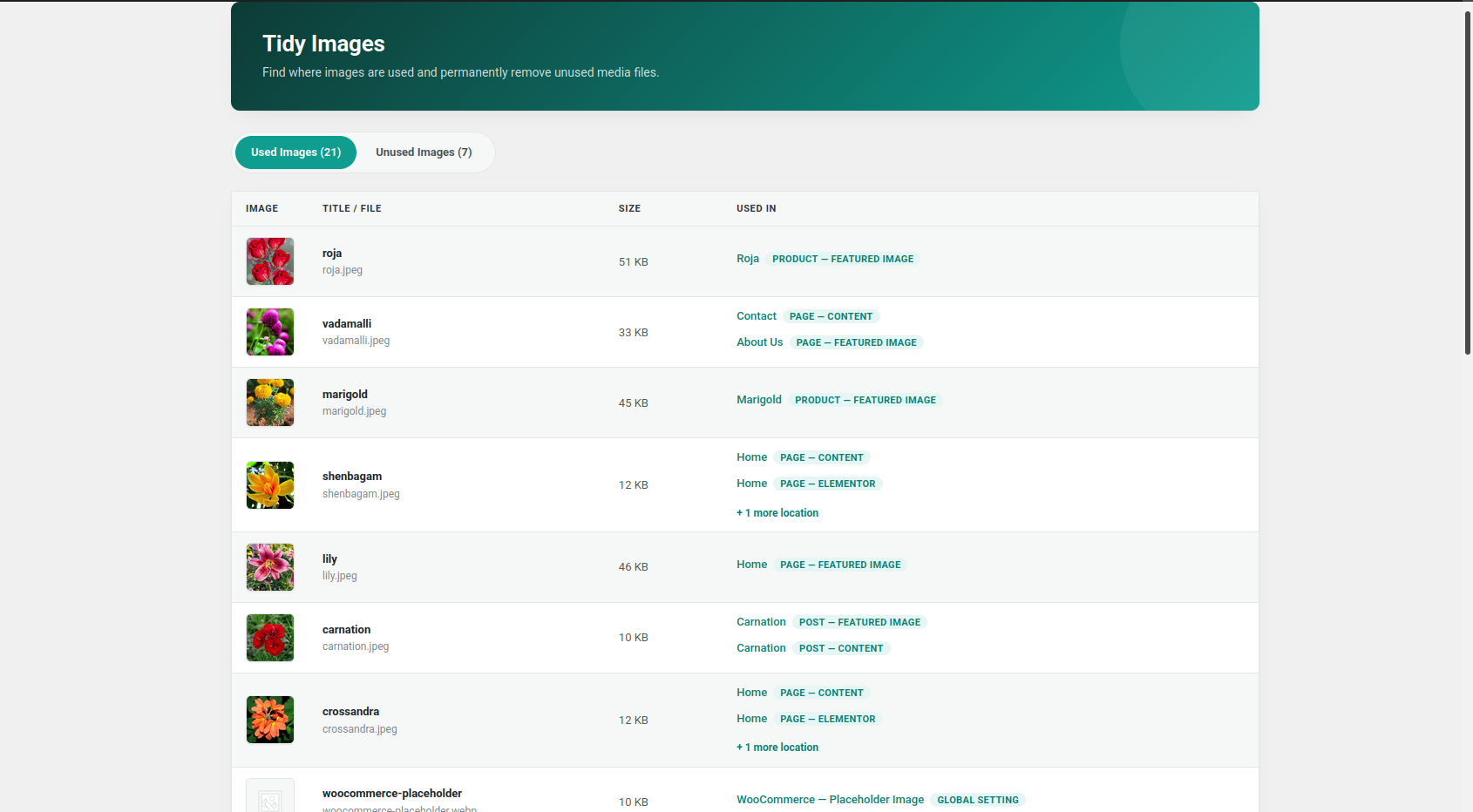 Tidy Images admin screen with Used Images and Unused Images sections.