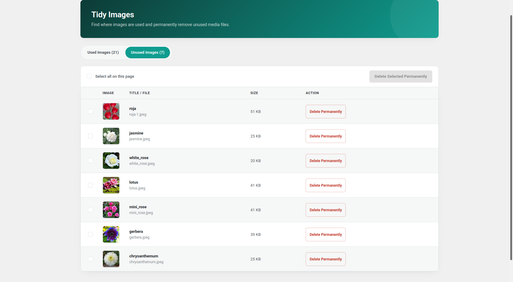 Used Images section showing where images are being used.