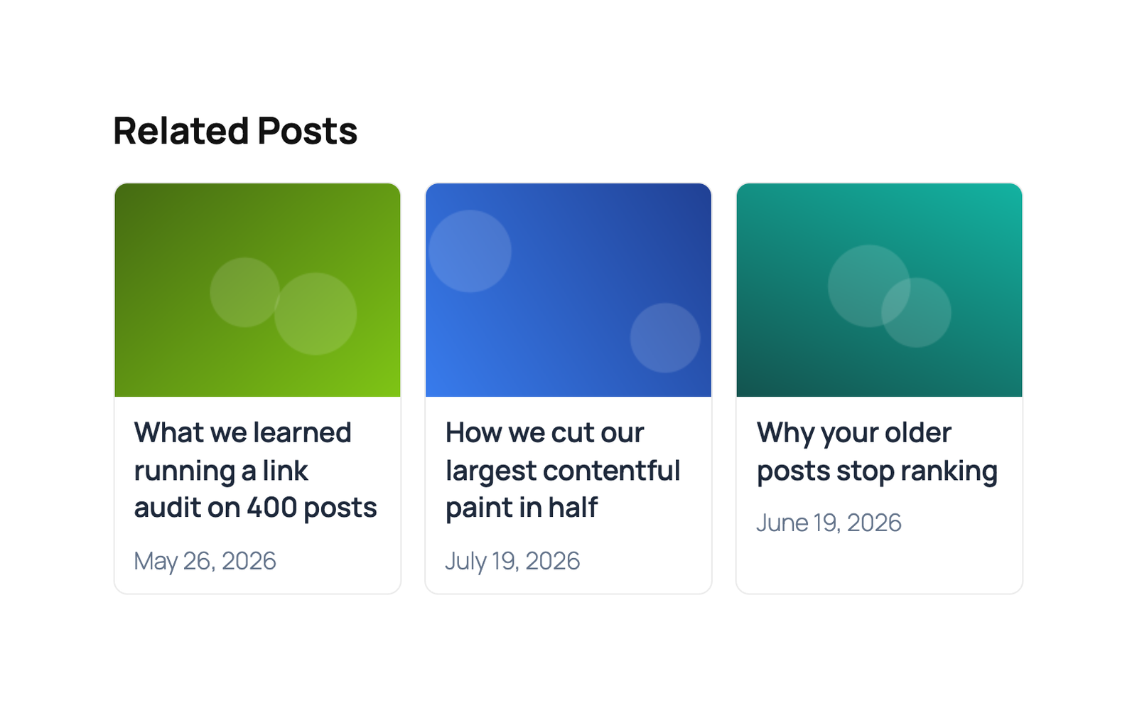 Related posts at the end of an article, in the grid layout with featured images and dates