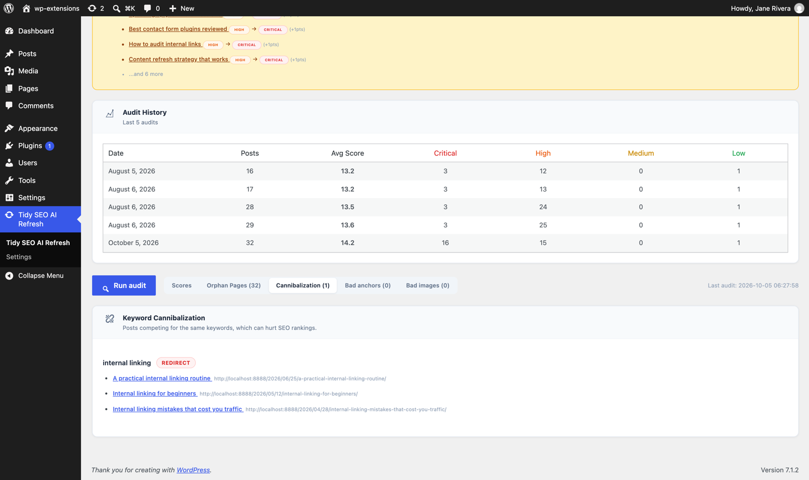 Keyword cannibalization — posts competing for the same query, with a suggested fix