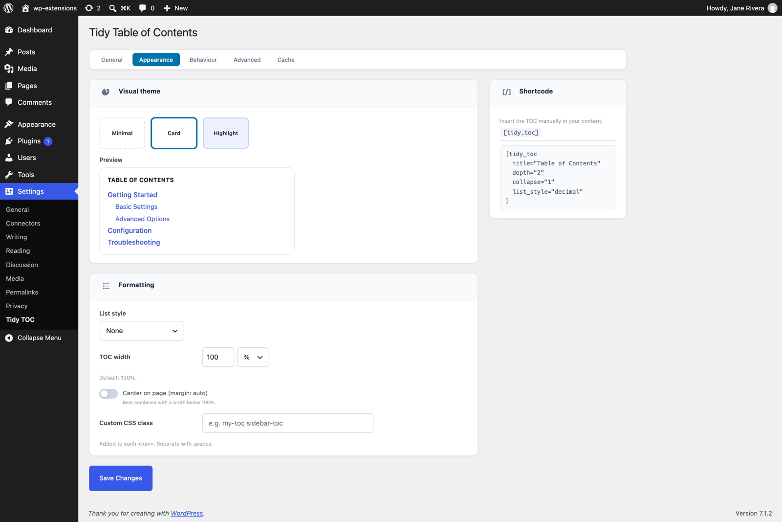 Appearance — three visual themes with a live preview, list style and width