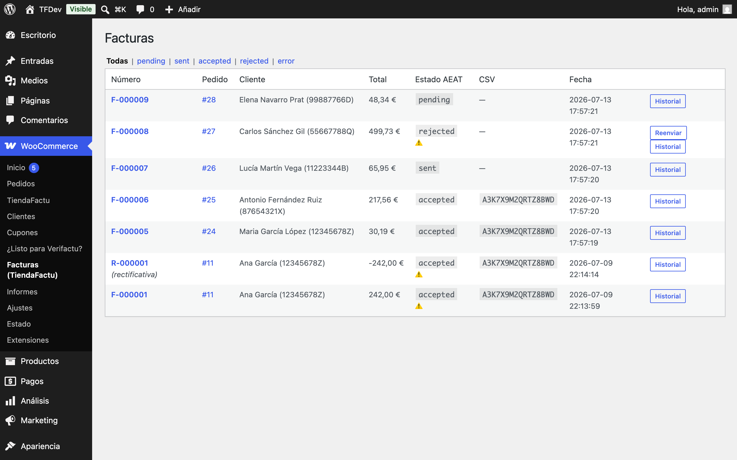 Invoice list with real-time AEAT status, CSV codes and manual resend for rejected invoices.
