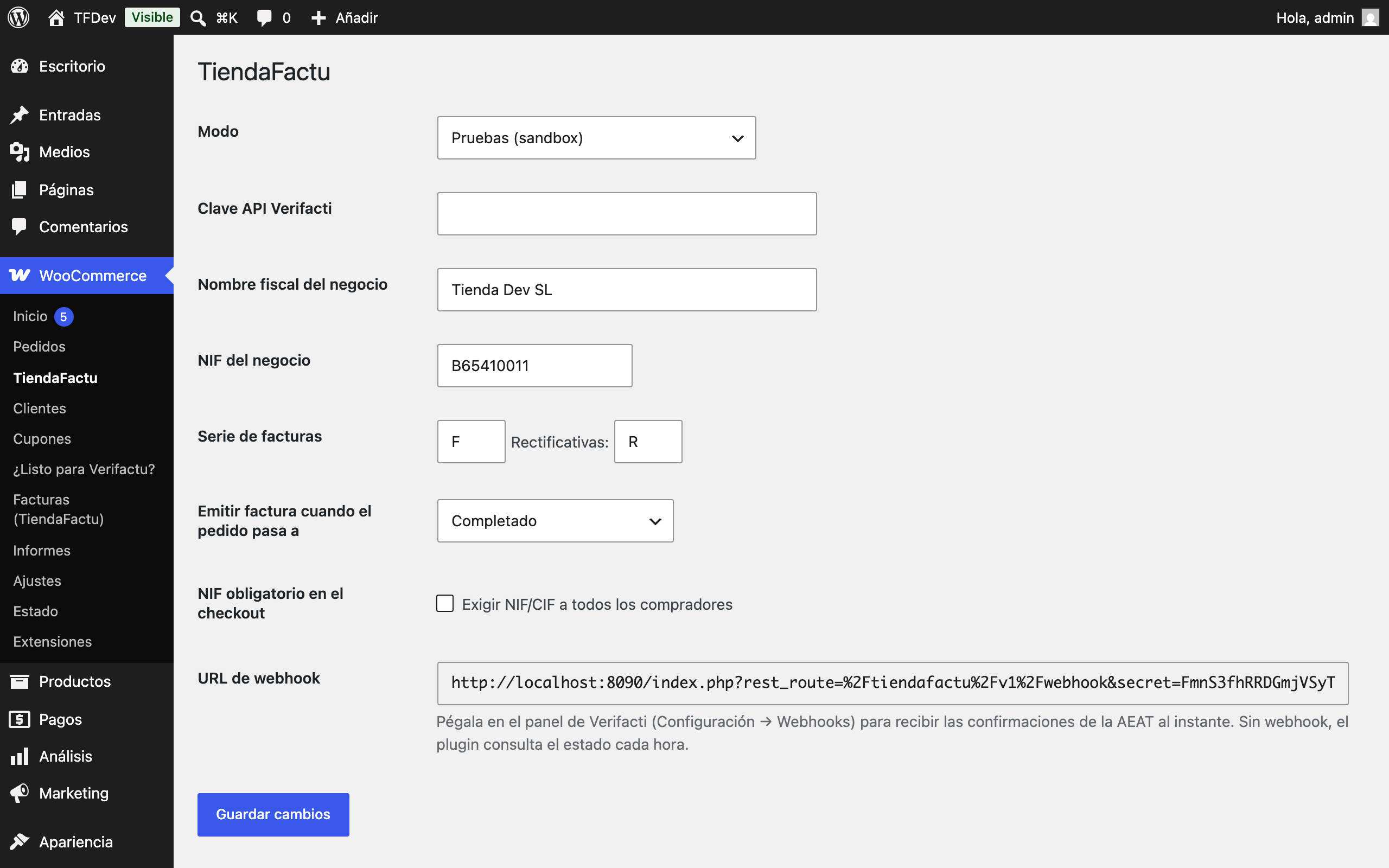 Settings: sandbox/production mode, invoice series and webhook URL for instant AEAT confirmations.