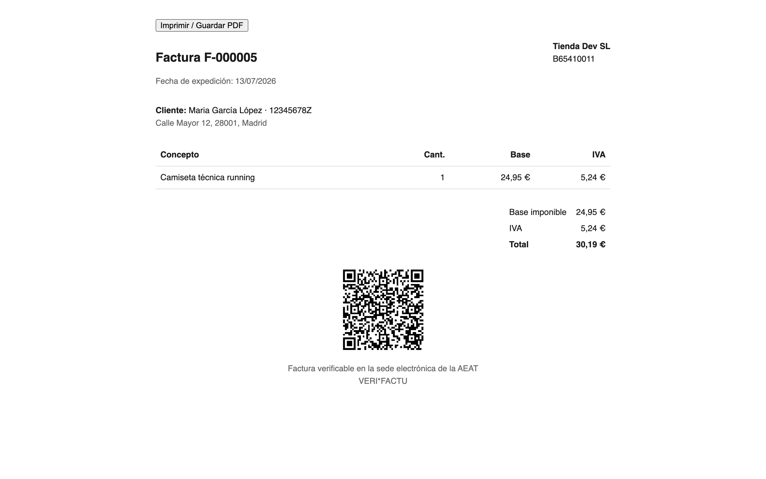 Customer-facing invoice with the official VERI*FACTU QR code, printable as PDF.