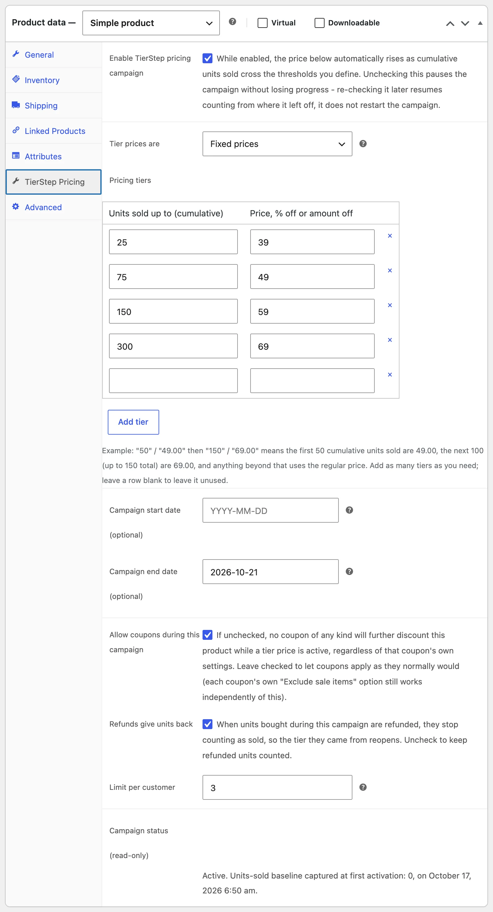 The TierStep Pricing tab on a product: tiers as fixed prices, % off or amount off, dates, coupons, refunds and a per-customer limit.