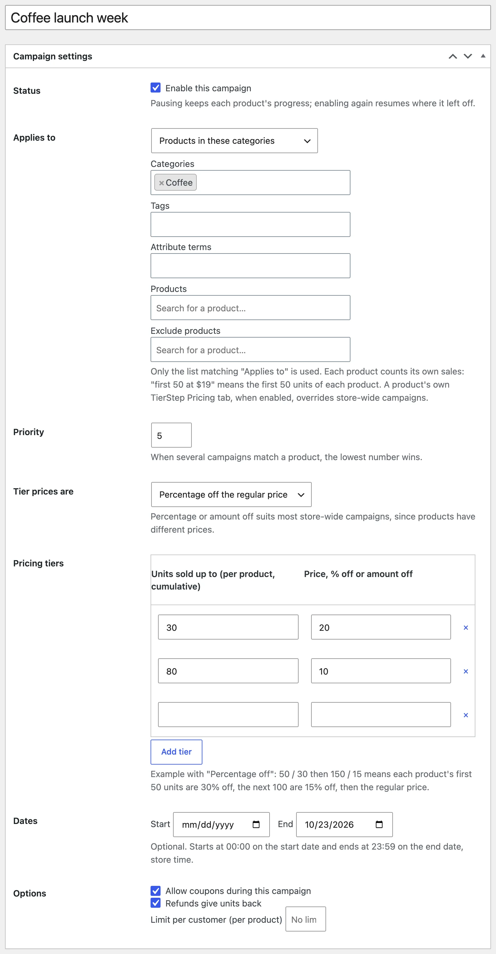 A store-wide campaign: one set of percentage-off tiers for every product in a category, with a priority and optional end date.