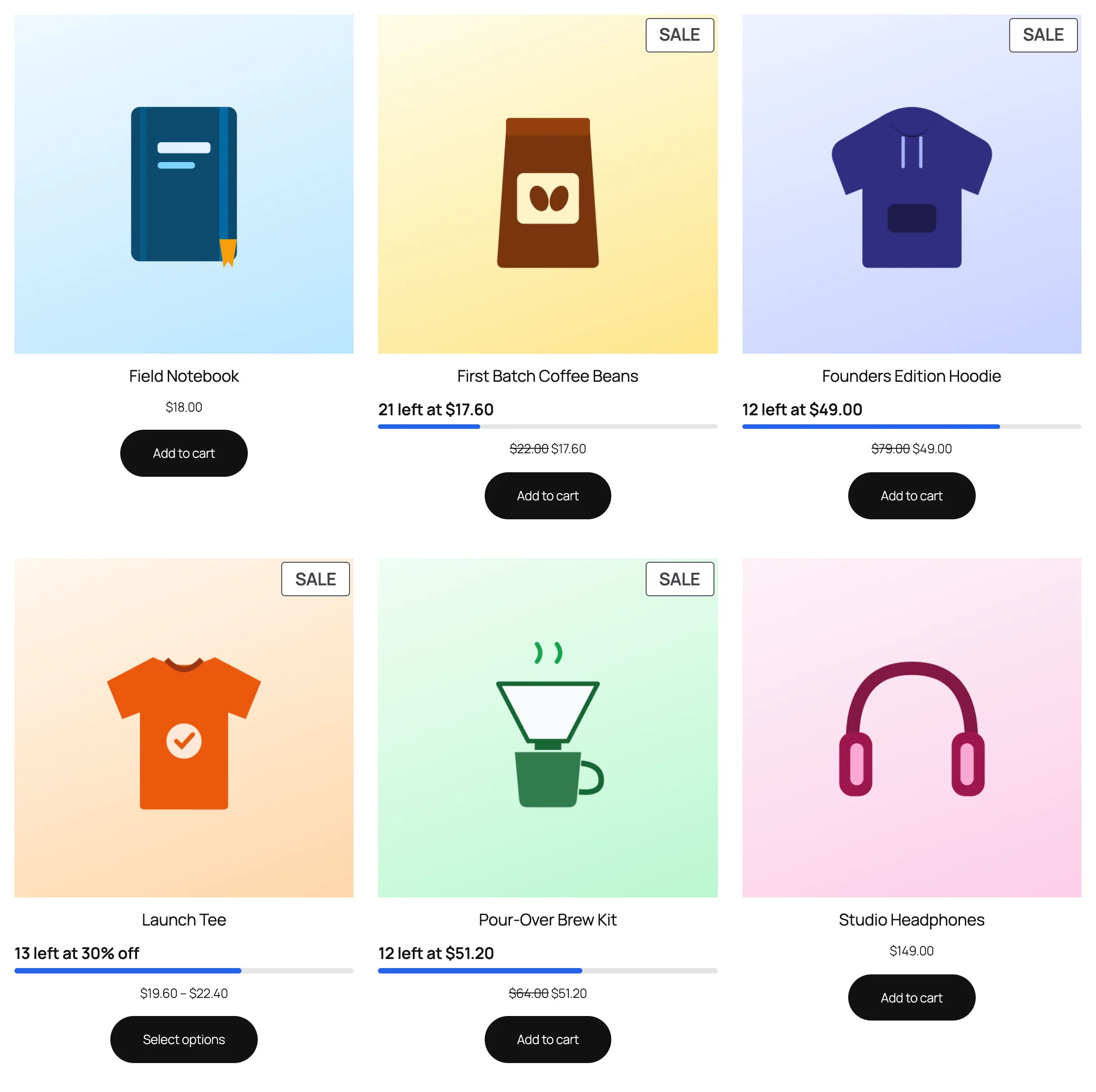 "Units left" badges and small progress bars on the shop page.