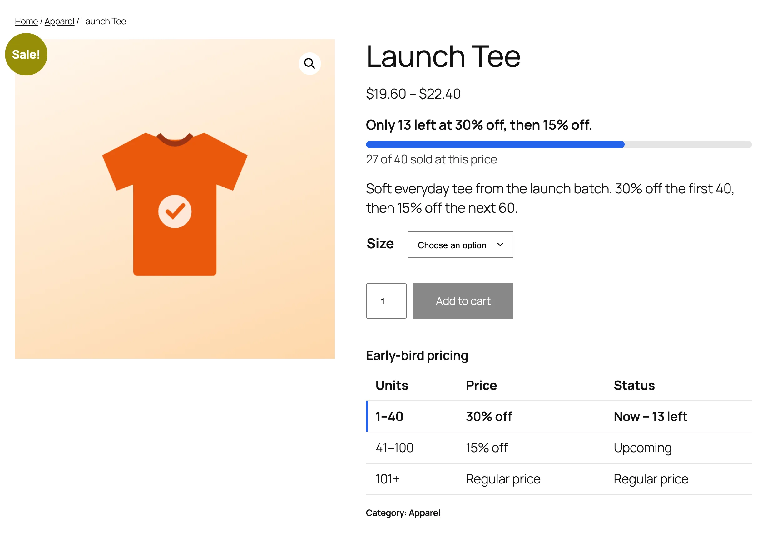 A variable product: every variation steps up from its own regular price on one shared count.