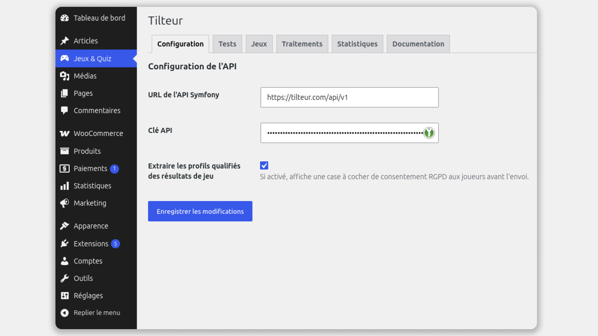Admin — API configuration: enter the Tilteur API URL, API key and enable GDPR consent collection