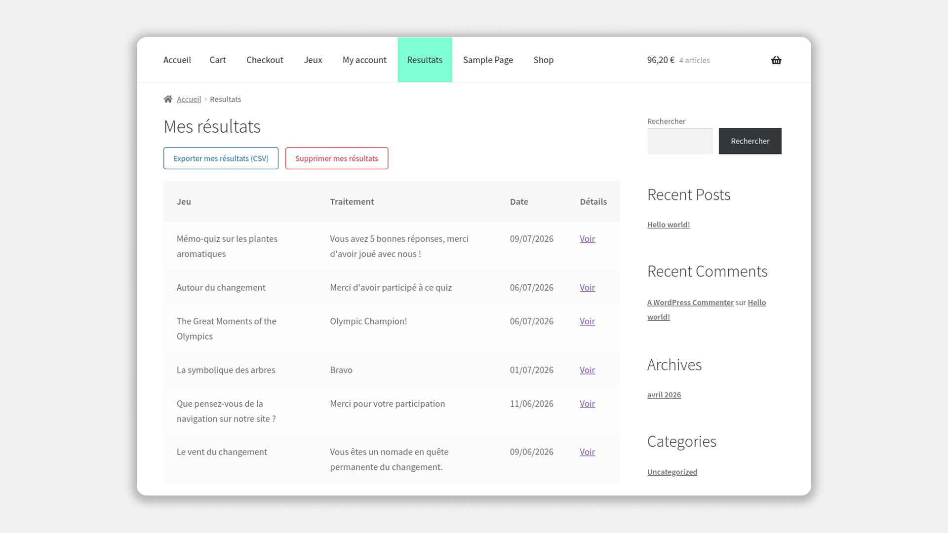 Front end — My Results page: participation history with game name, treatment result, date and GDPR export/delete options