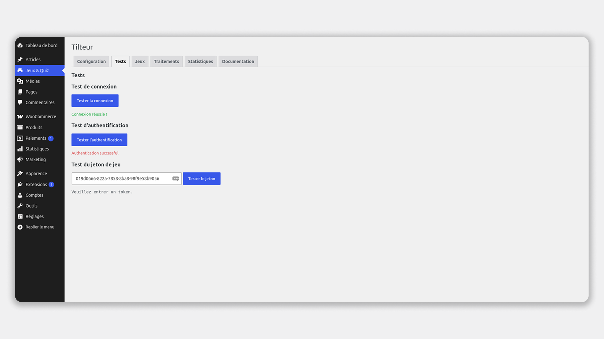 Admin — Connection tests: verify API connectivity and authentication with one click