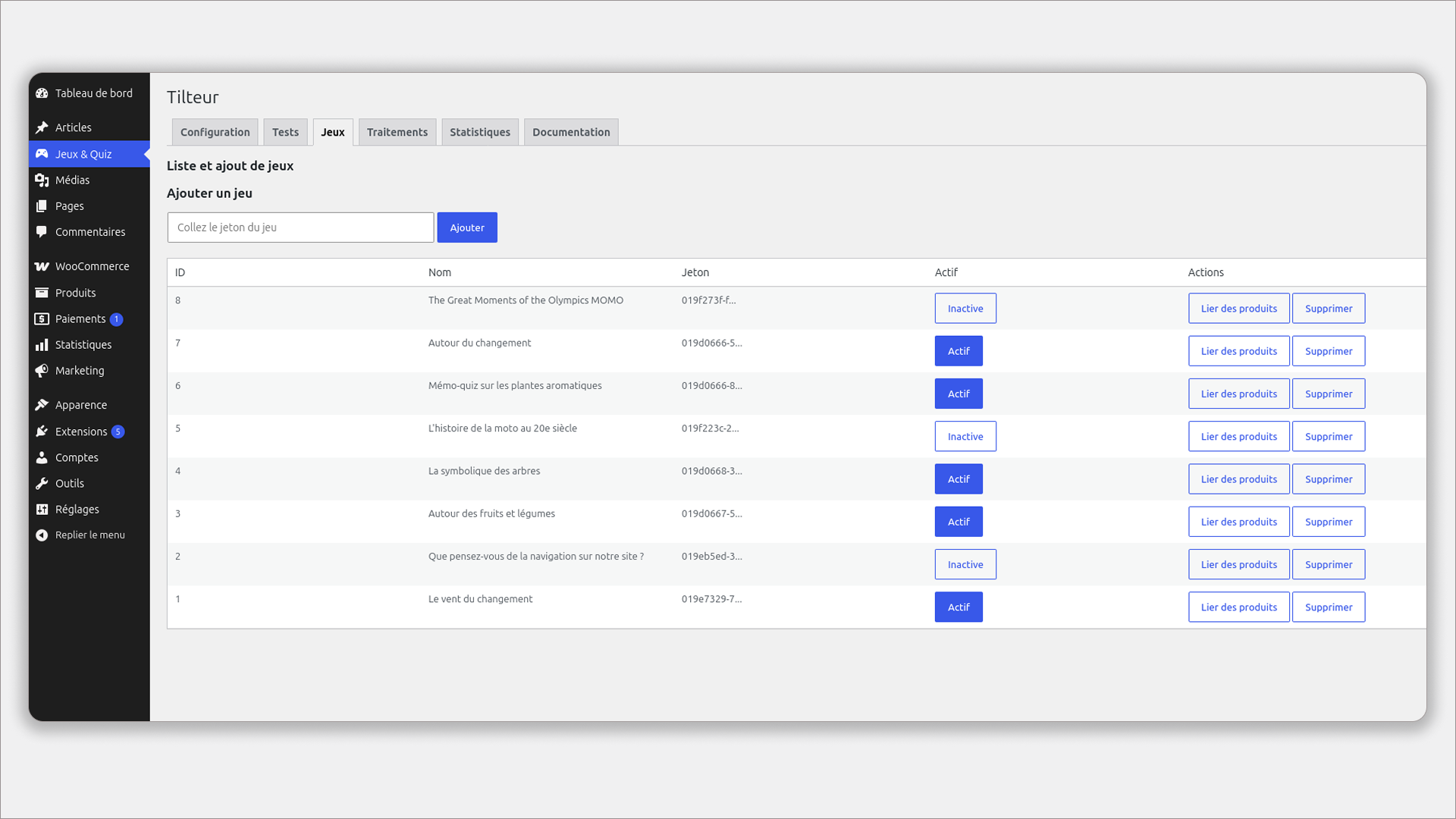 Admin — Games list: import games by token, activate or deactivate them independently