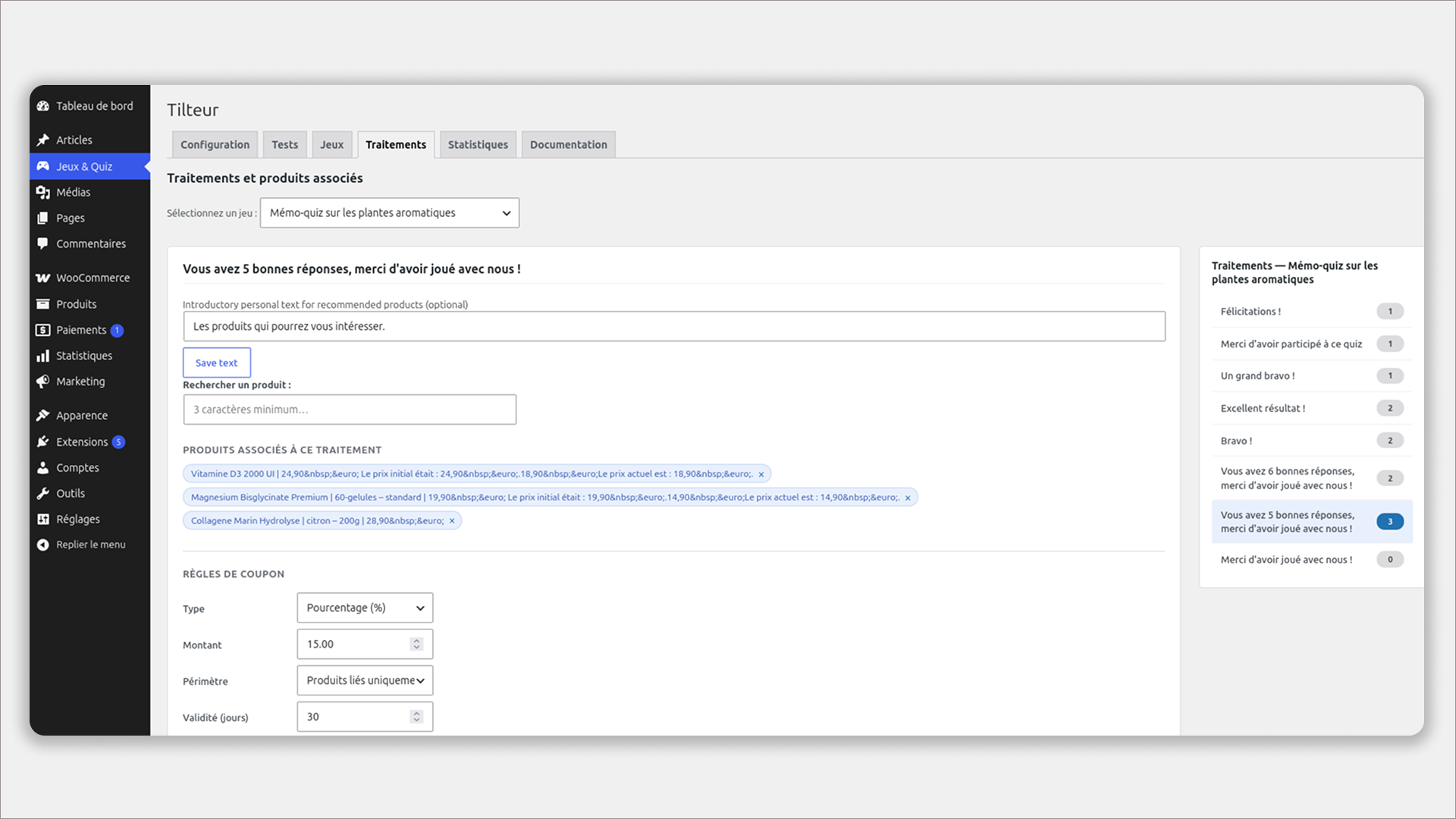 Admin — Treatments: associate WooCommerce products and configure automatic discount coupon rules per result