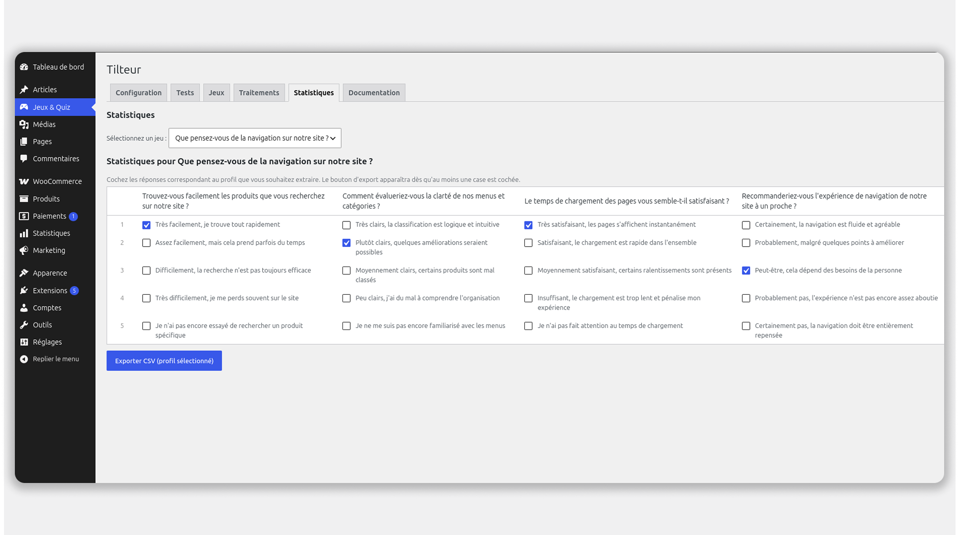 Admin — Statistics: filter quiz responses by answer profile and export matching participants as CSV