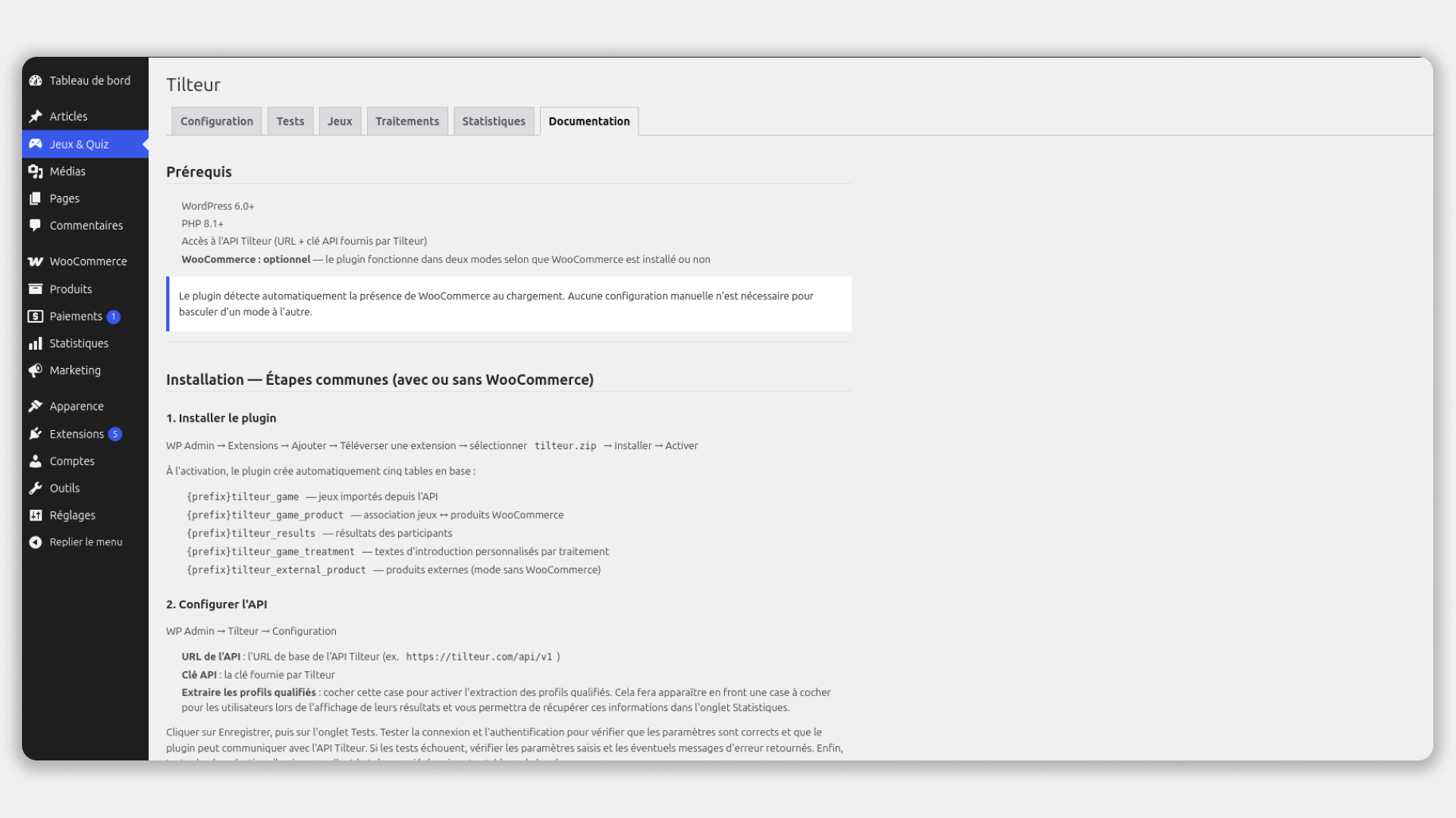 Admin — Built-in documentation tab available directly in the back-office