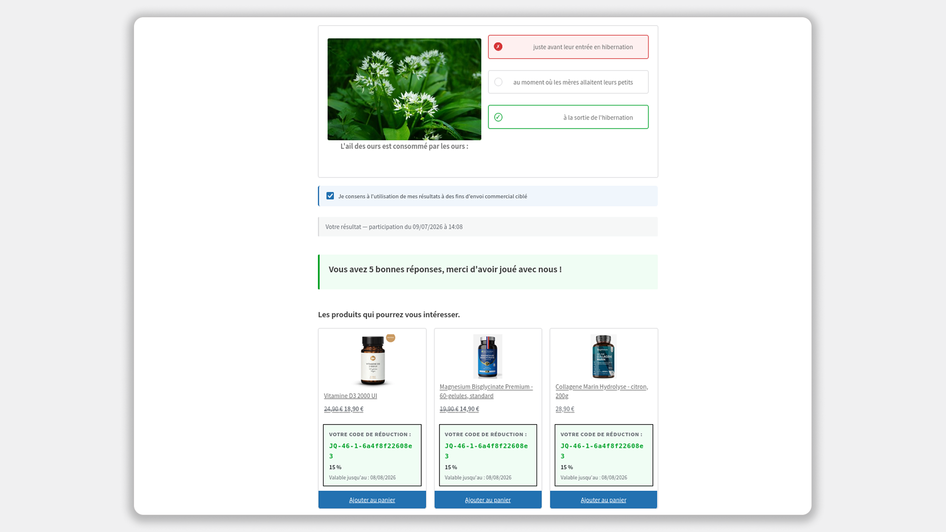 Front end — Result page: personalized message, recommended products with sale prices and automatically generated discount coupon