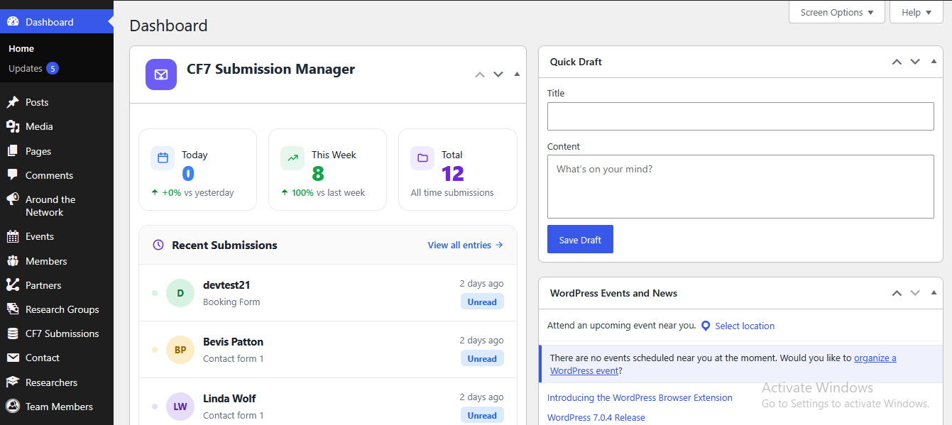 The CF7 Submissions dashboard for viewing, searching, sorting, and managing form entries.