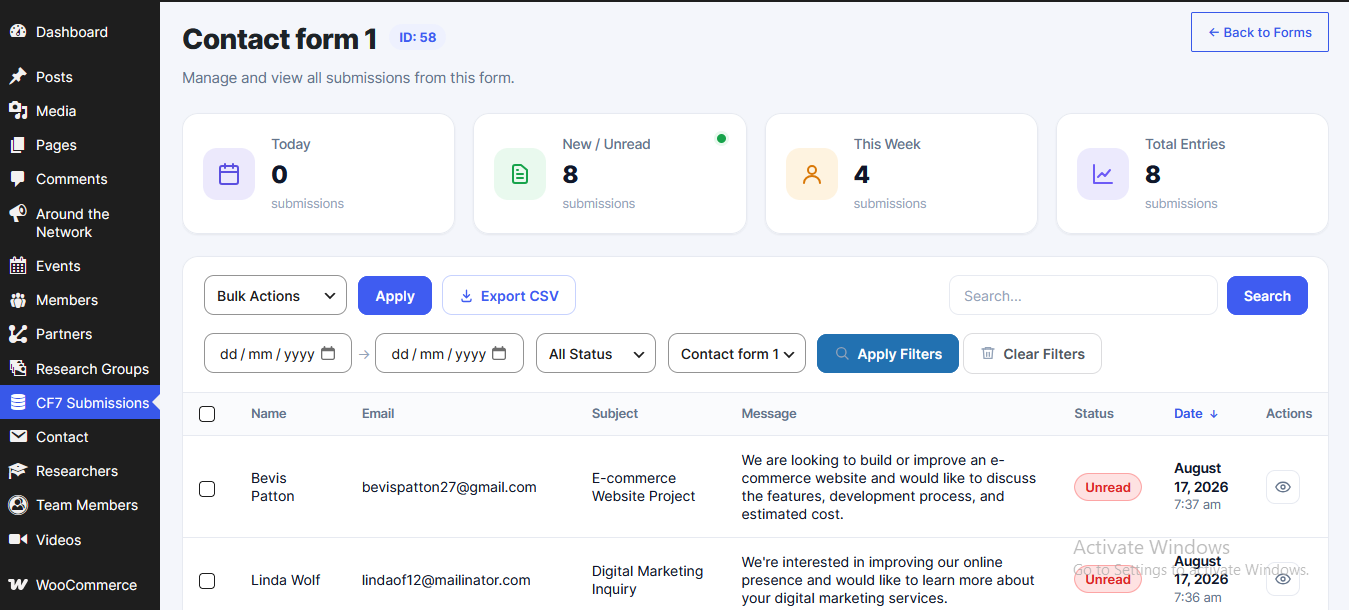 WP Dashboard Widget for quick view of submissions
