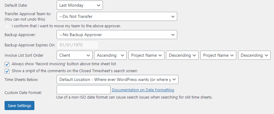 Available options on the per employee "My Settings" menu.