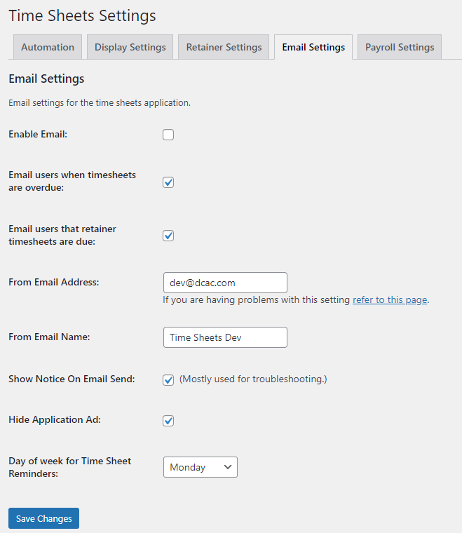 Global settings (Email settings tab)